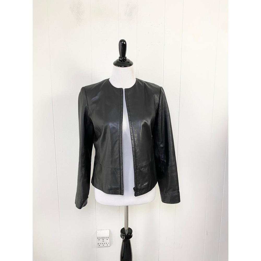 Yvonne Marie Womens Black 100% Lamb Leather Collarless Zip Up Jacket Size 4